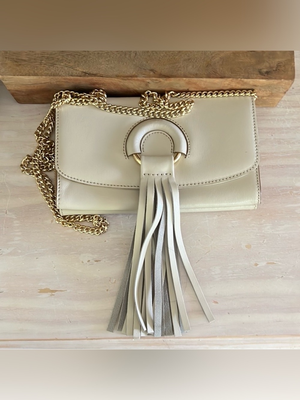 Banana Republic Ivory Leather Crossbody with Tassel and Gold Chain